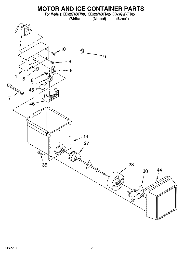 MOTOR AND ICE CONTAINER Diagram and Parts List for ED22GWXFT05  Whirlpool Refrigerator