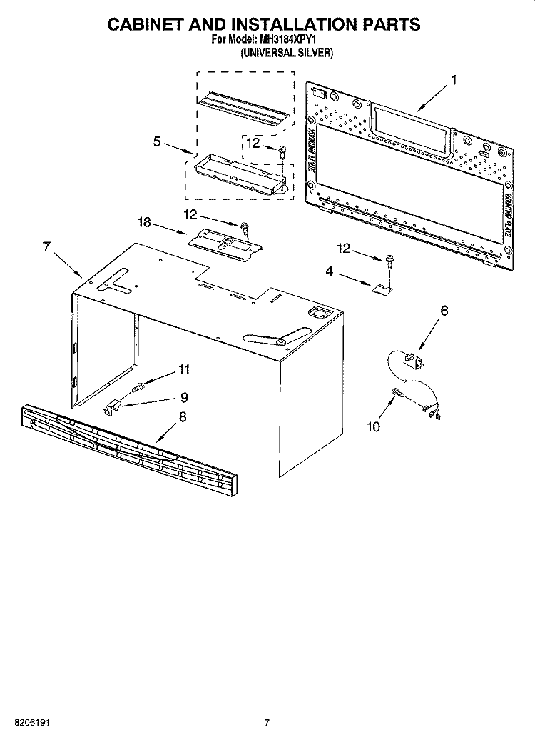 CABINET AND INSTALLATION PARTS Diagram and Parts List for MH3184XPY1  Whirlpool Microwave