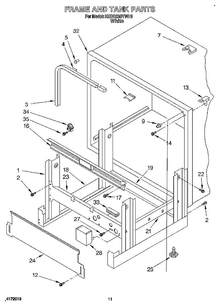FRAME AND TANK Diagram and Parts List for KUDD230YWH1  KitchenAid Dishwasher