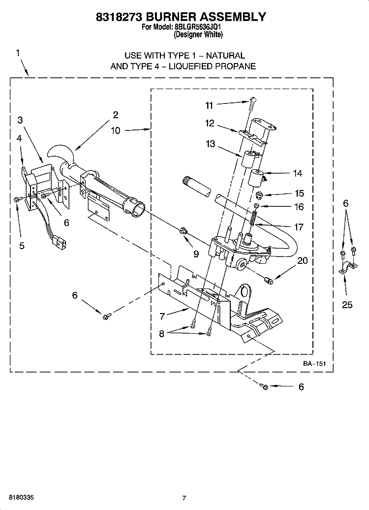 8318273 BURNER ASSEMBLY Diagram and Parts List for 8BLGR5636JQ1  Whirlpool Dryer