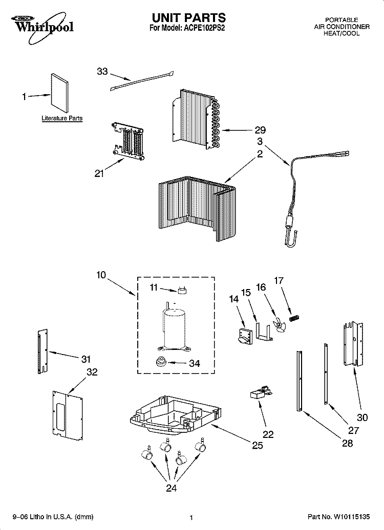 UNIT PARTS Diagram and Parts List for ACPE102PS2  Whirlpool Air Conditioner