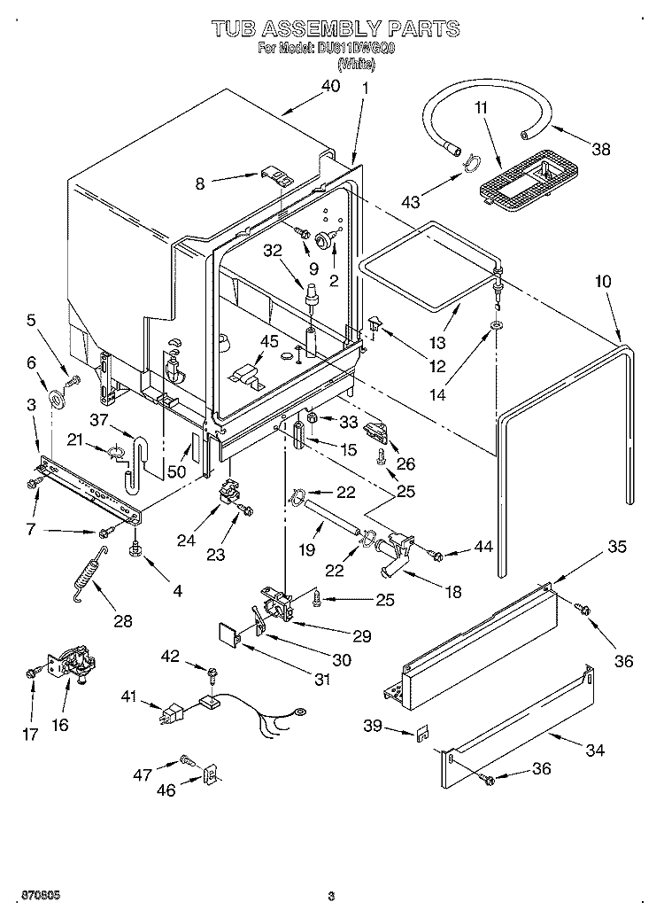 TUB ASSEMBLY Diagram and Parts List for DU811DWGQ0  Whirlpool Dishwasher