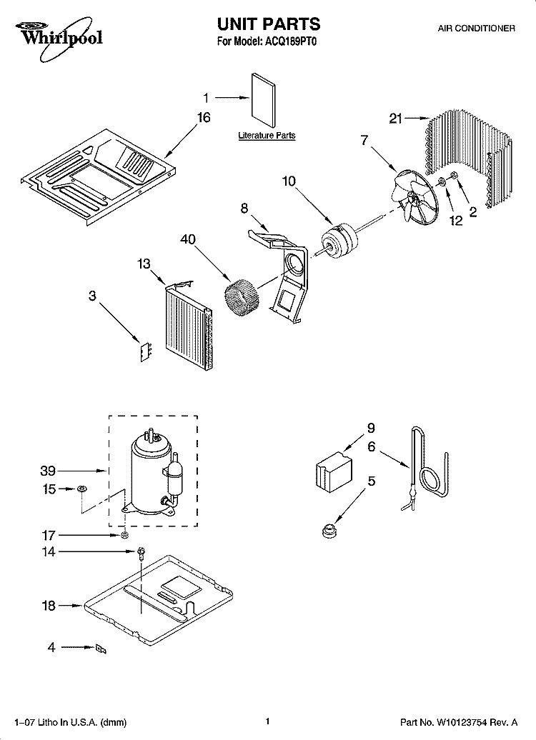 UNIT PARTS Diagram and Parts List for ACQ189PT0  Whirlpool Air Conditioner