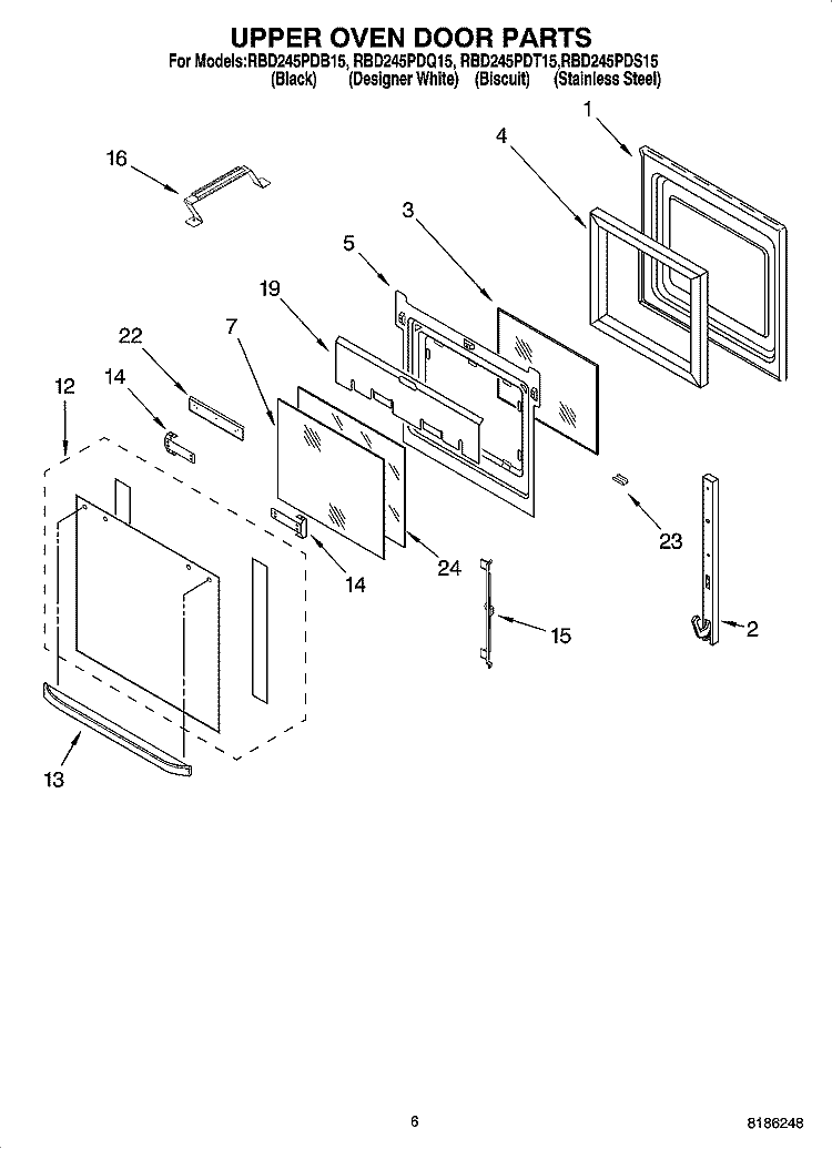 UPPER OVEN DOOR PARTS Diagram and Parts List for RBD245PDB15  Whirlpool Wall Oven