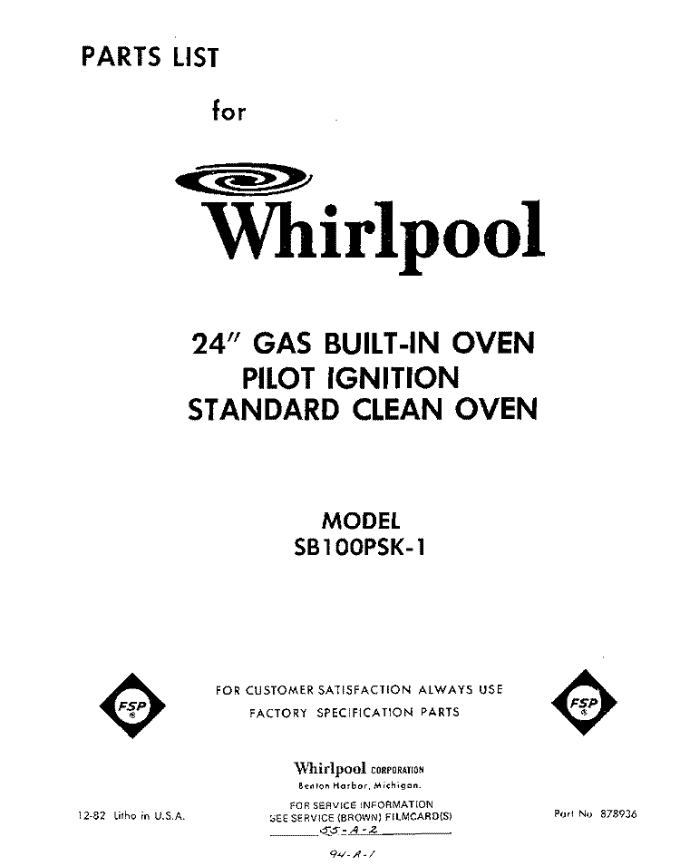 SECTION Diagram and Parts List for SB100PSK1  Whirlpool Wall Oven