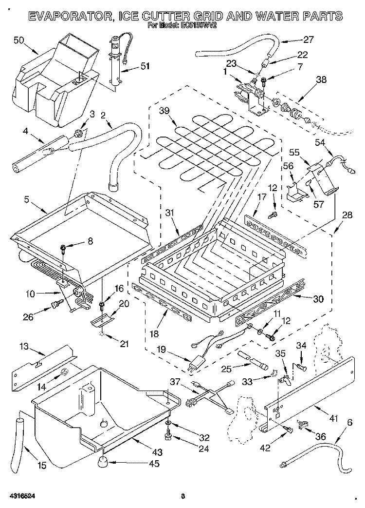 EVAPORATOR, ICE CUTTER GRID AND WATER Diagram and Parts List for EC5150WV2  Whirlpool Ice Maker