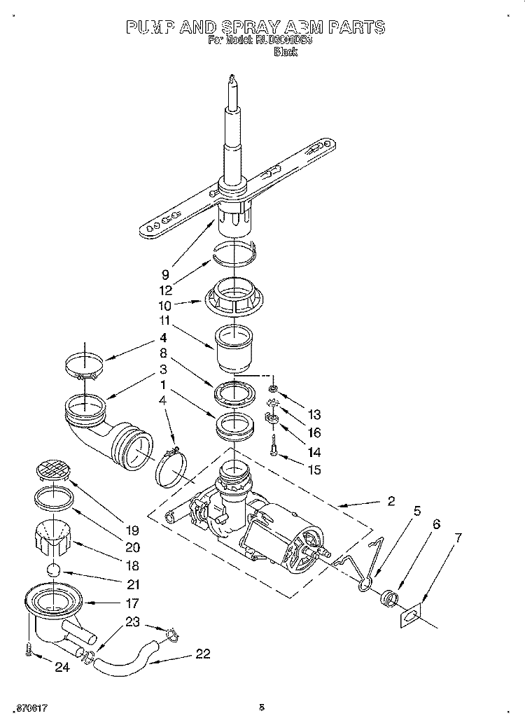 PUMP AND SPRAYARM Diagram and Parts List for RUD3006DB3  Roper Dishwasher