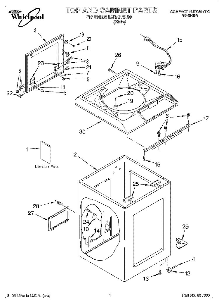 TOP AND CABINET, LITERATURE Diagram and Parts List for LCR7244HQ0  Whirlpool Washer