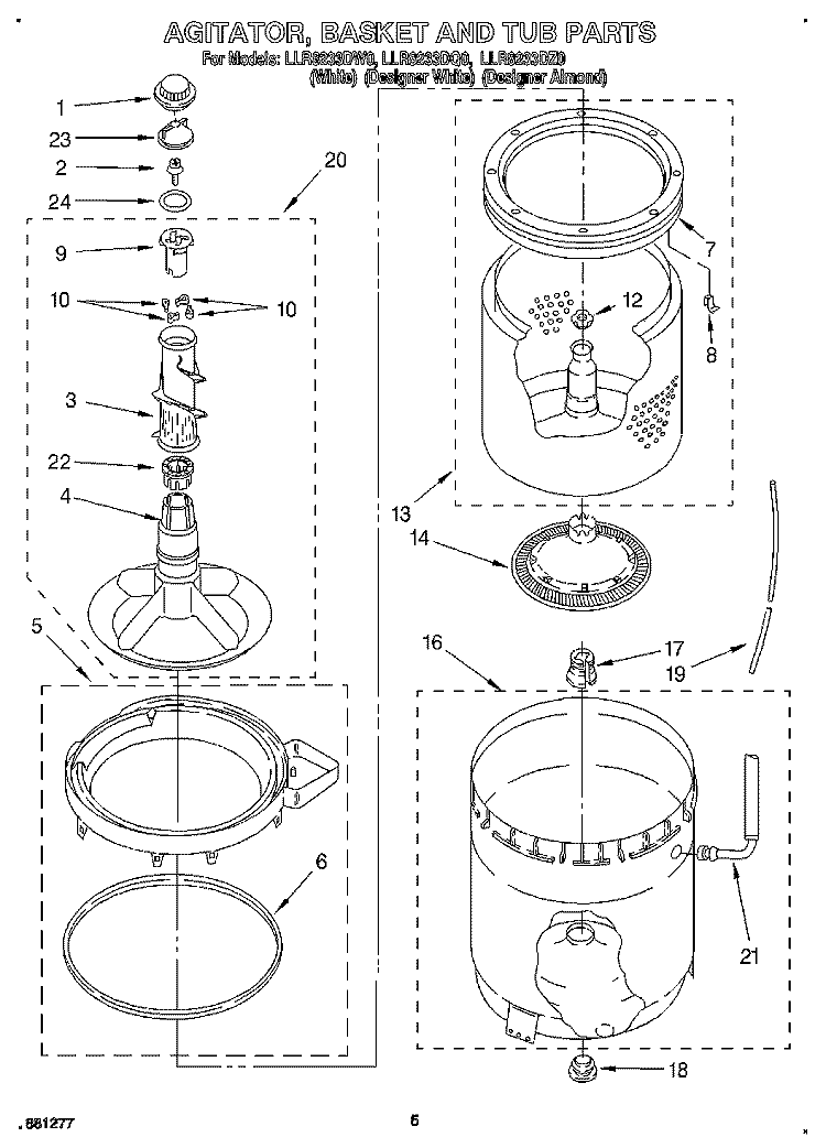 AGITATOR, BASKET AND TUB Diagram and Parts List for LLR8233DZ0  Whirlpool Washer
