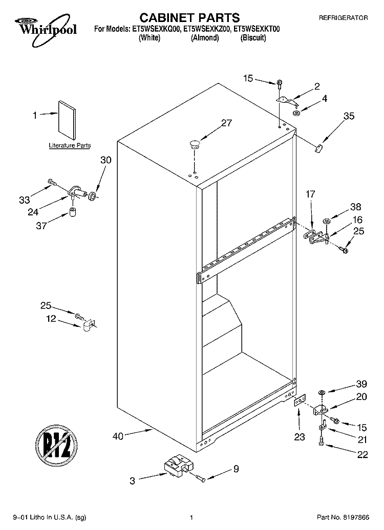 CABINET, LITERATURE Diagram and Parts List for ET5WSEXKZ00  Whirlpool Refrigerator