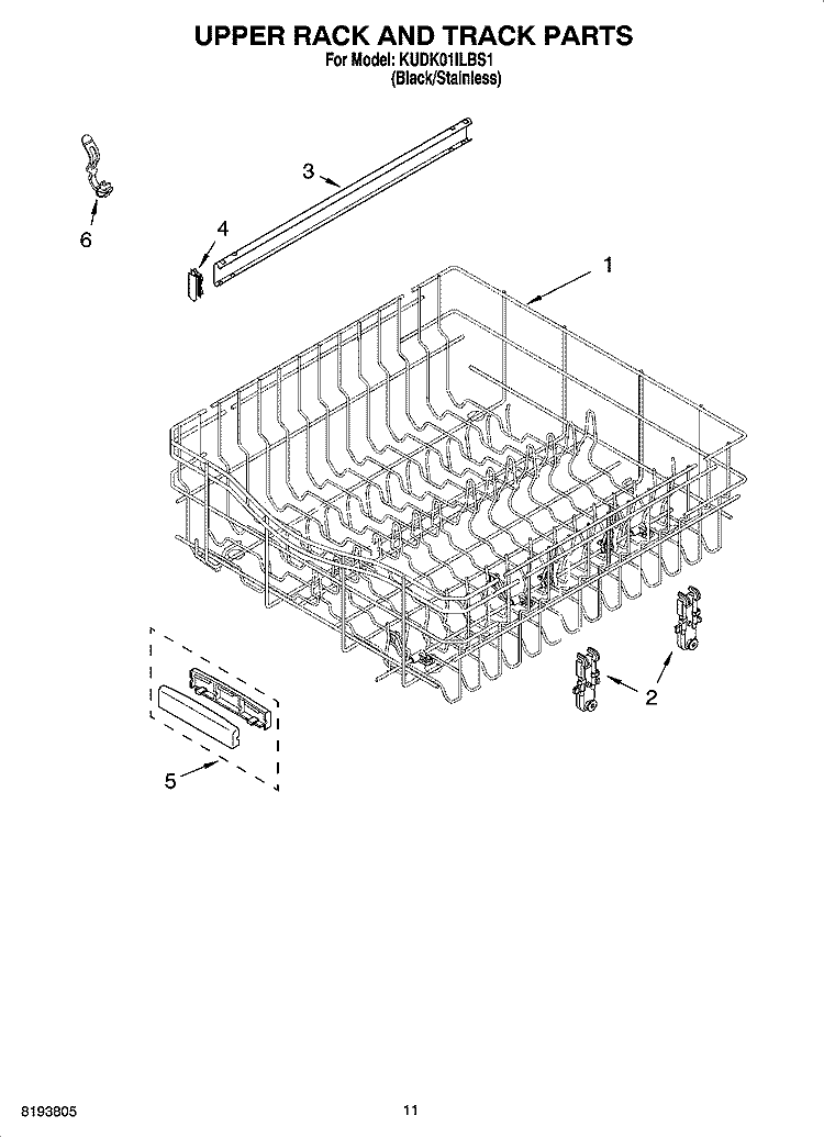UPPER RACK AND TRACK PARTS Diagram and Parts List for KUDK01ILBS1  KitchenAid Dishwasher