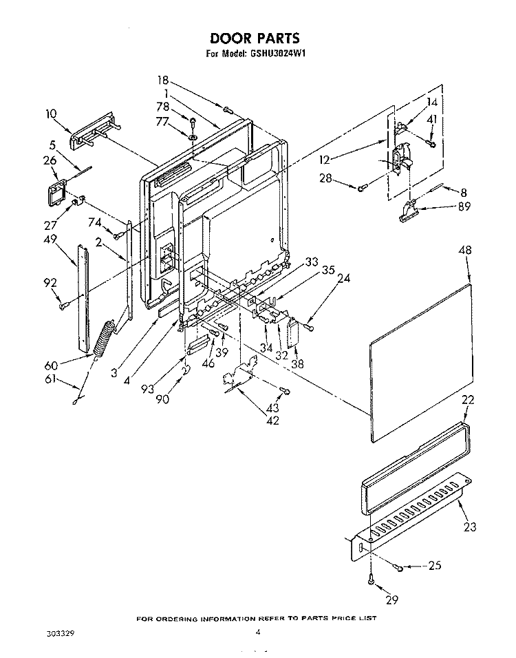 DOOR Diagram and Parts List for GSHU3024W1  Whirlpool Dishwasher