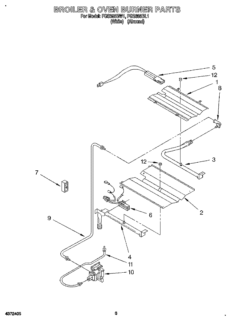 BROILER & OVEN BURNER Diagram and Parts List for FGS385BL1  Roper Range
