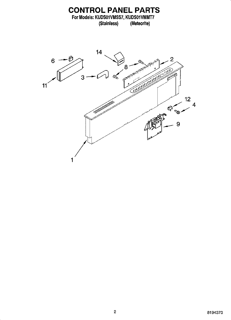 CONTROL PANEL PARTS Diagram and Parts List for KUDS01VMMT7  KitchenAid Dishwasher