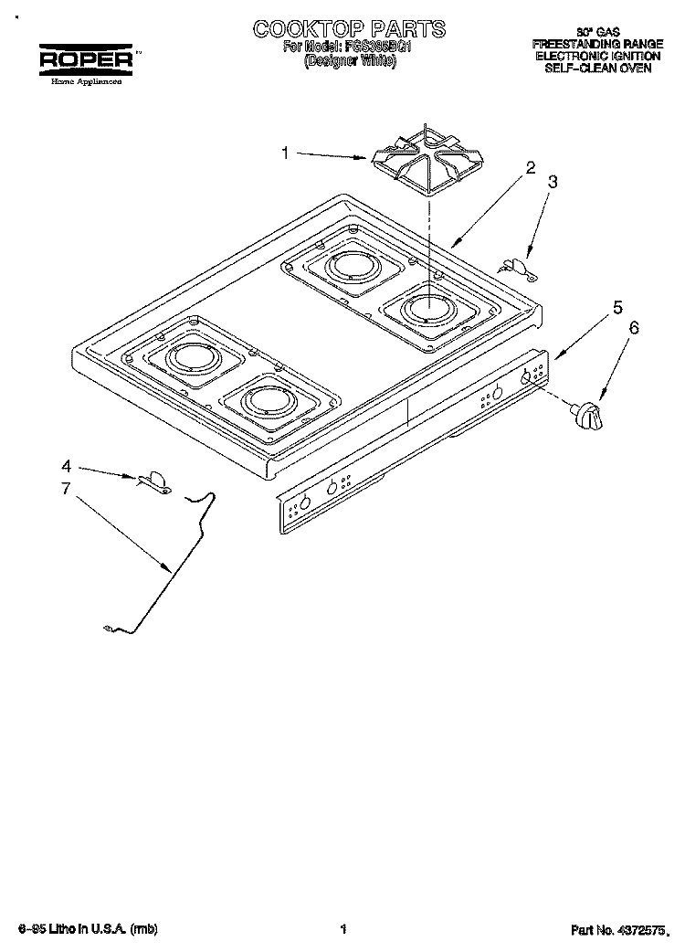 COOKTOP Diagram and Parts List for FGS385BQ1  Roper Range