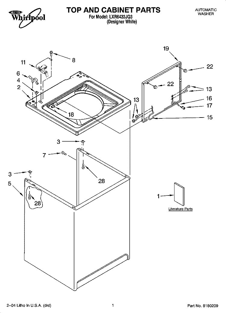 TOP AND CABINET PARTS Diagram and Parts List for LXR6432JQ3  Whirlpool Washer