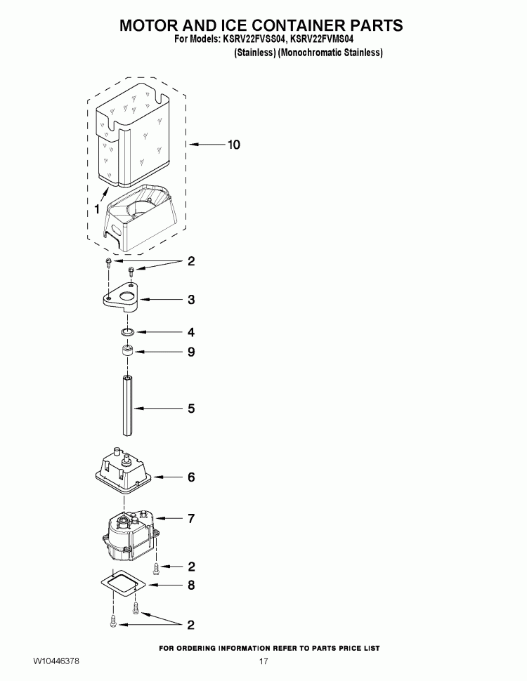 MOTOR AND ICE CONTAINER PARTS Diagram and Parts List for KSRV22FVSS04  KitchenAid Refrigerator