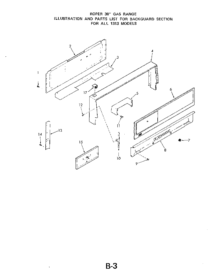 BACKGUARD Diagram and Parts List for 1313^1A  Whirlpool Range