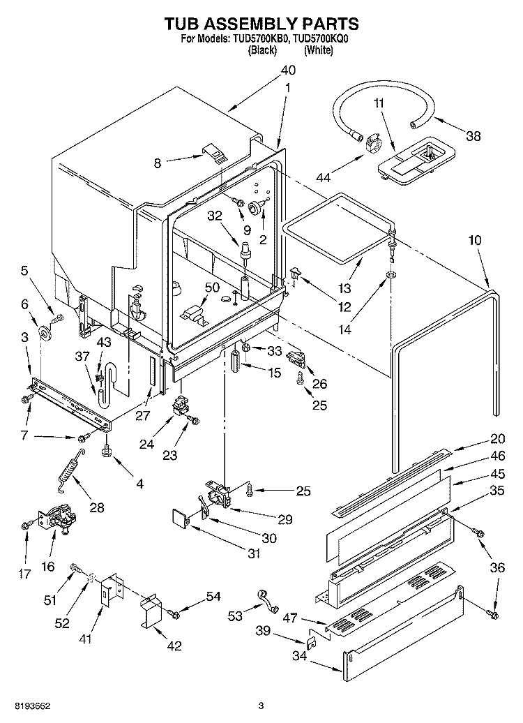TUB ASSEMBLY Diagram and Parts List for TUD5700KQ0  Estate Dishwasher