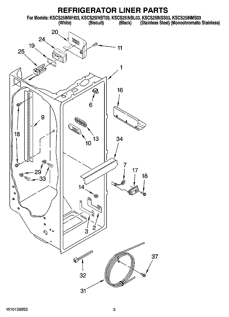 REFRIGERATOR LINER PARTS Diagram and Parts List for KSCS25INWH03  KitchenAid Refrigerator