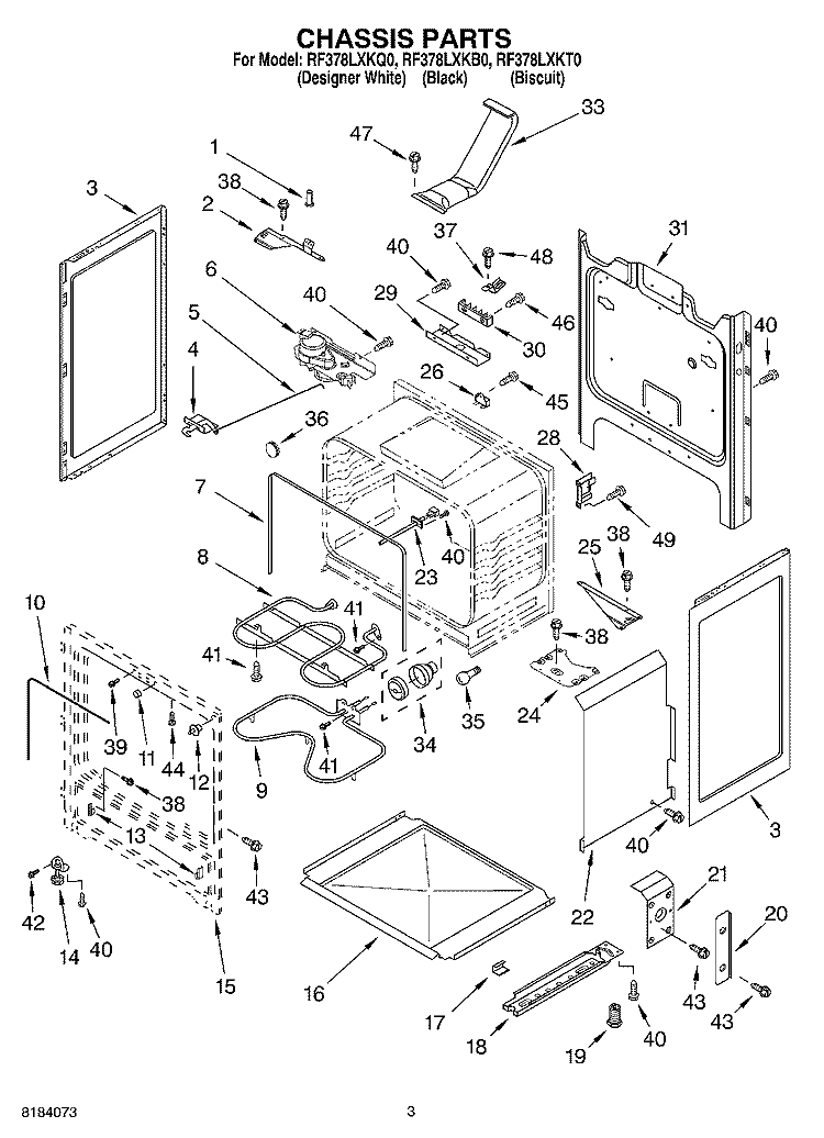 CHASSIS Diagram and Parts List for RF378LXKT0  Whirlpool Range