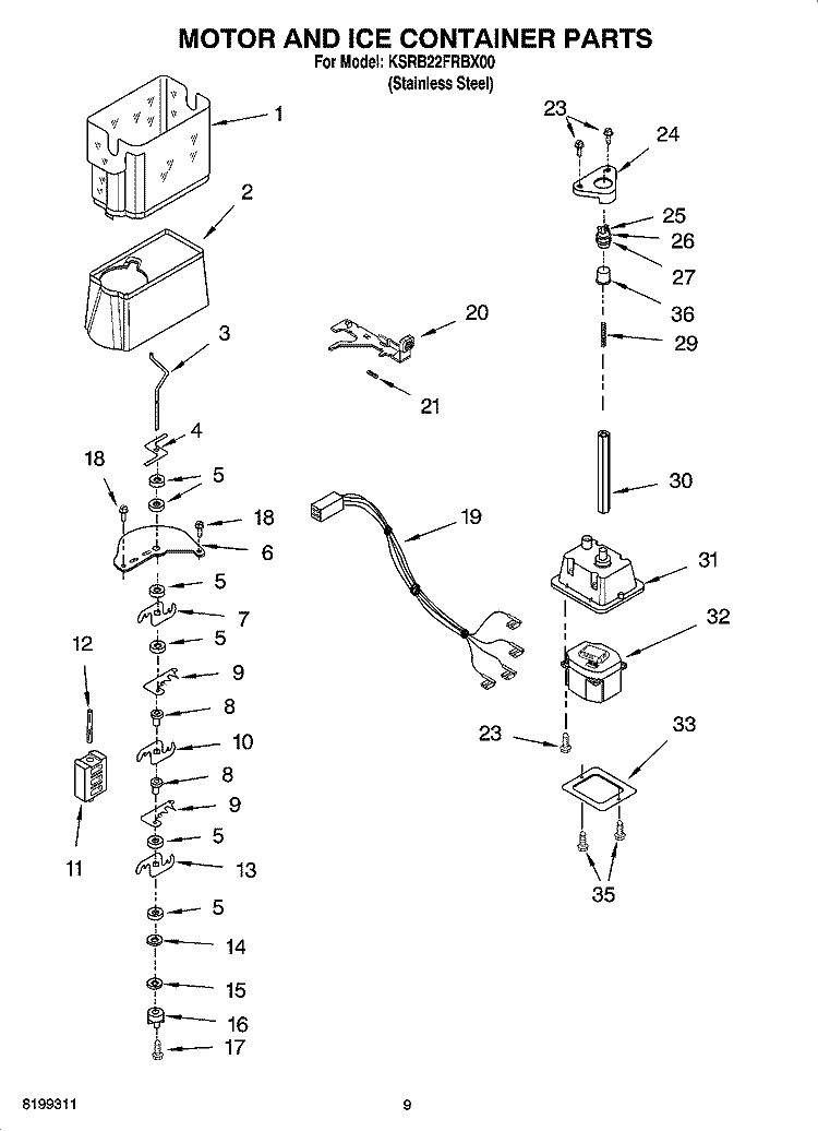 MOTOR AND ICE CONTAINER PARTS Diagram and Parts List for KSRB22FRBX00  KitchenAid Refrigerator