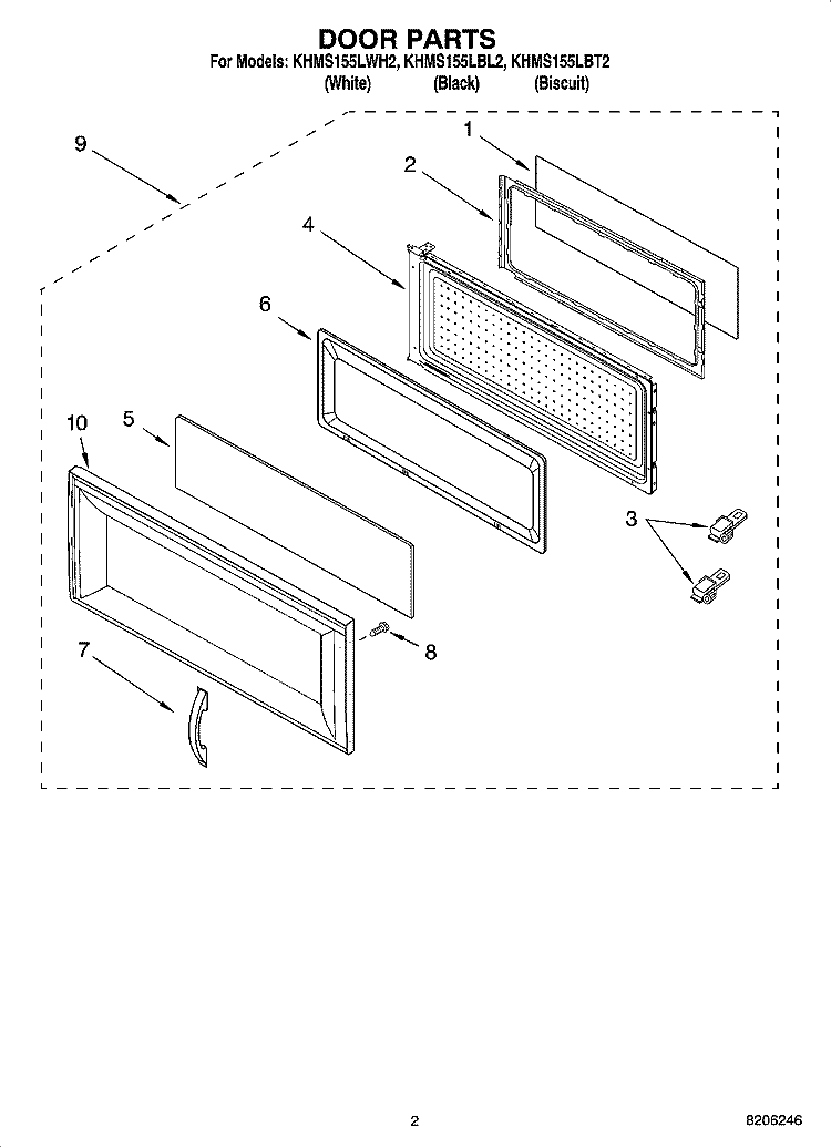 DOOR PARTS Diagram and Parts List for KHMS155LWH2  KitchenAid Microwave