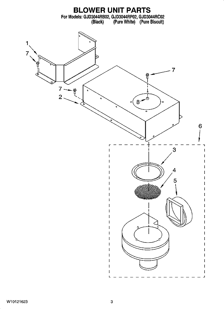 BLOWER UNIT PARTS, OPTIONAL PARTS Diagram and Parts List for GJD3044RP02  Whirlpool Cooktop