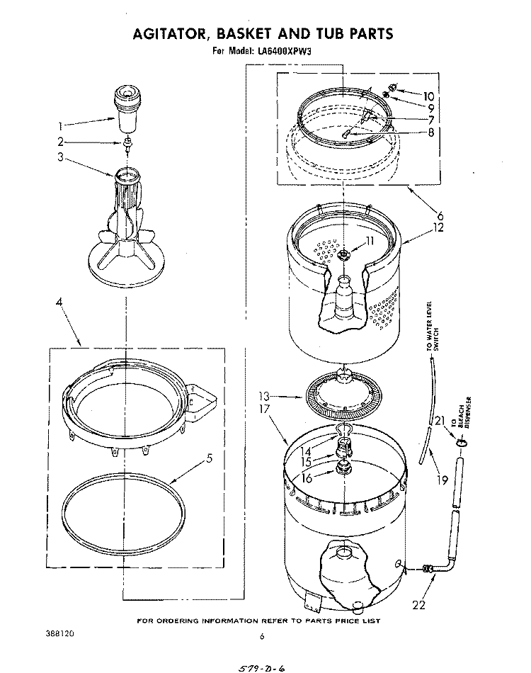AGITATOR, BASKET AND TUB Diagram and Parts List for LA6400XPW3  Whirlpool Washer