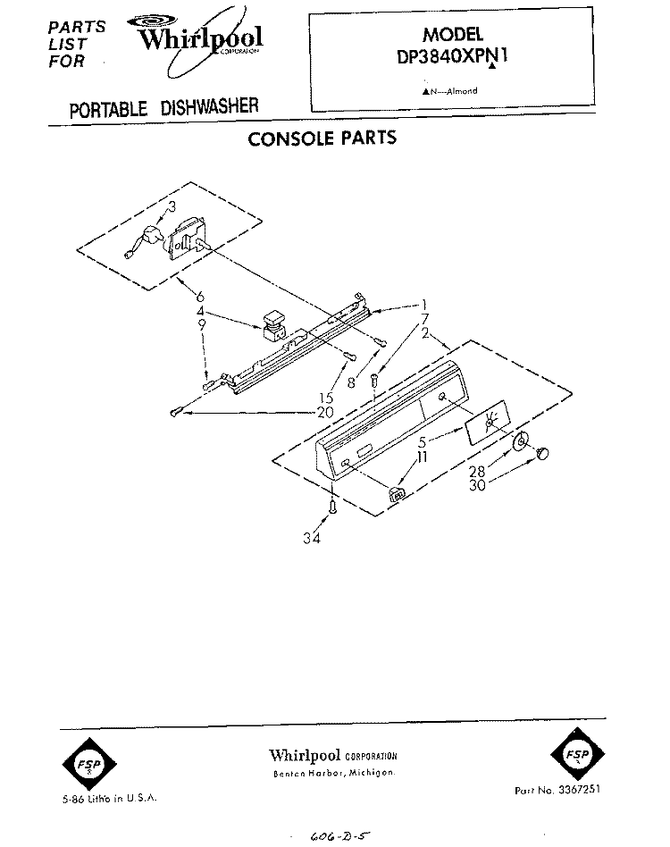CONSOLE Diagram and Parts List for DP3840XPN1  Whirlpool Dishwasher