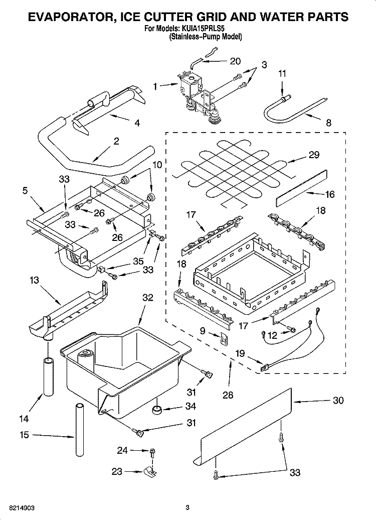 EVAPORATOR, ICE CUTTER GRID AND WATER PARTS Diagram and Parts List for KUIA15PRLS5  KitchenAid Ice Maker