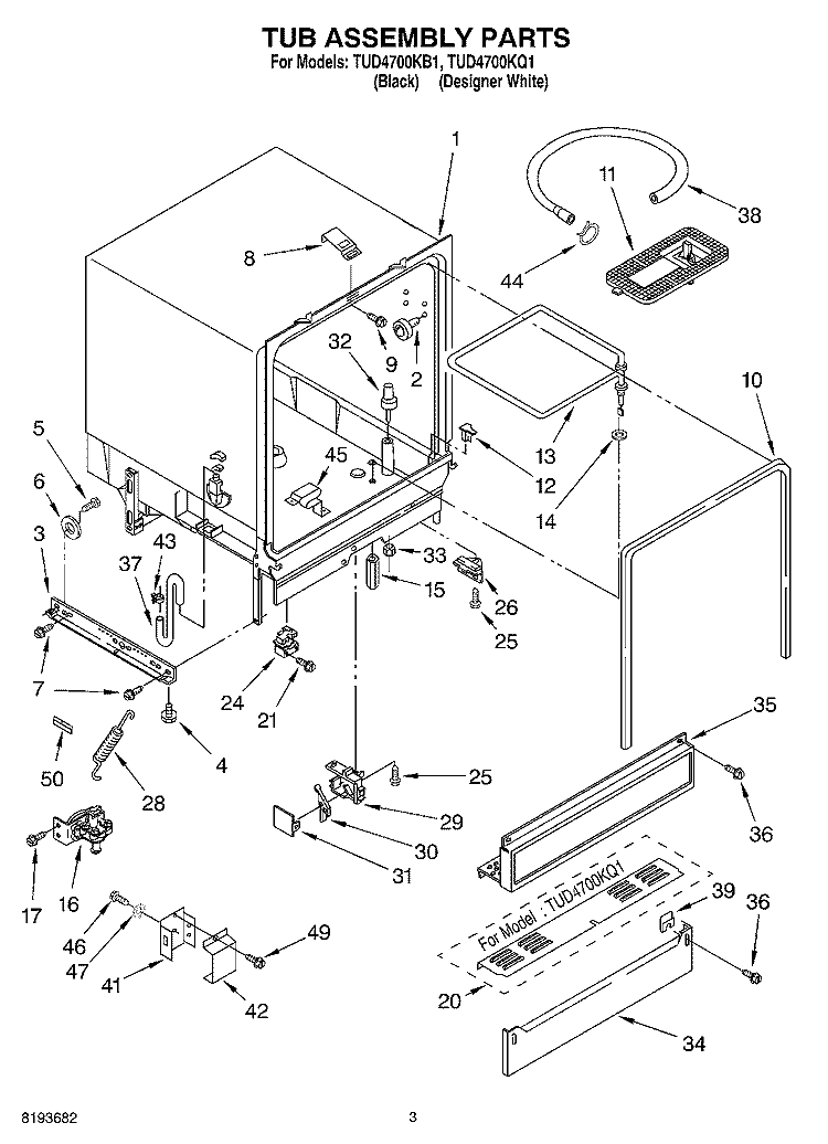 TUB ASSEMBLY Diagram and Parts List for TUD4700KB1  Estate Dishwasher