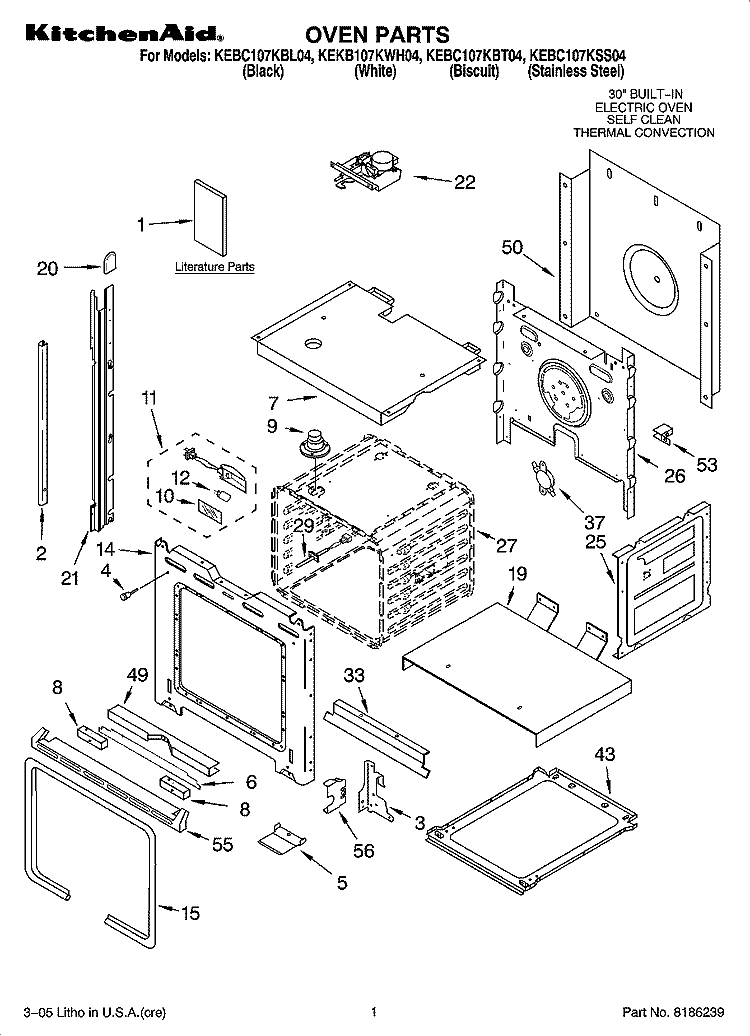 OVEN PARTS Diagram and Parts List for KEKB107KWH04  KitchenAid Wall Oven