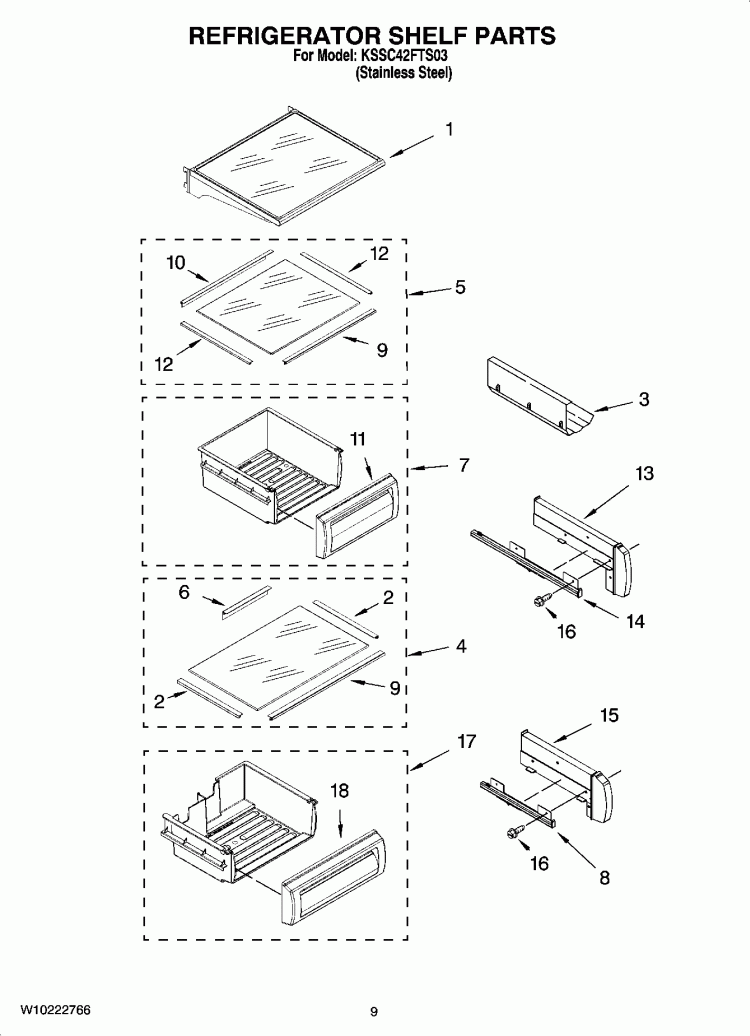 REFRIGERATOR SHELF PARTS Diagram and Parts List for KSSC42FTS03  KitchenAid Refrigerator