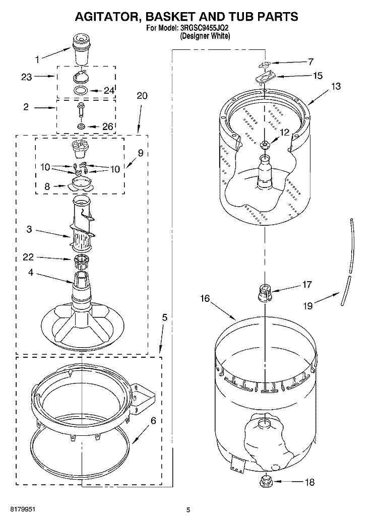 AGITATOR, BASKET AND TUB PARTS Diagram and Parts List for 3RGSC9455JQ2  Whirlpool Washer