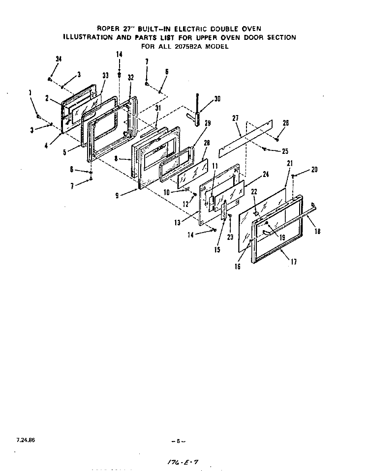 UPPER OVEN DOOR Diagram and Parts List for 2075B2A  Roper Range