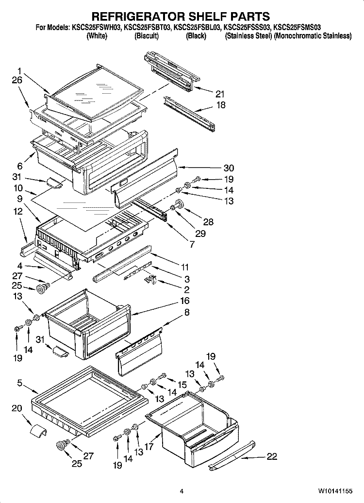 REFRIGERATOR SHELF PARTS Diagram and Parts List for KSCS25FSBL03  KitchenAid Refrigerator