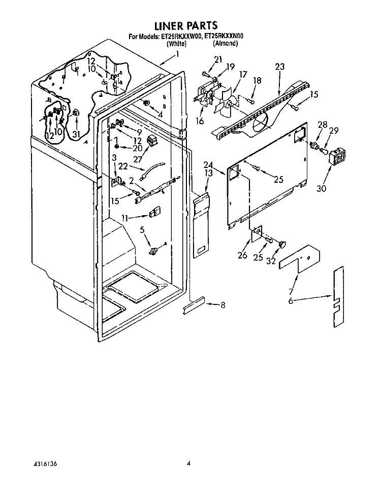 LINER Diagram and Parts List for ET25RKXXW00  Whirlpool Refrigerator