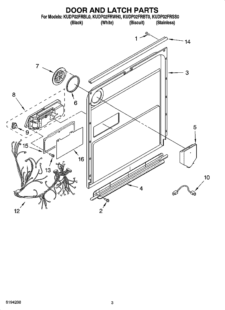 DOOR AND LATCH PARTS Diagram and Parts List for KUDP02FRBT0  KitchenAid Dishwasher