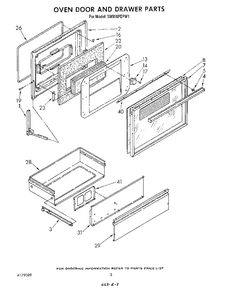 OVEN DOOR AND DRAWER Diagram and Parts List for SM958PEPW1  Whirlpool Range