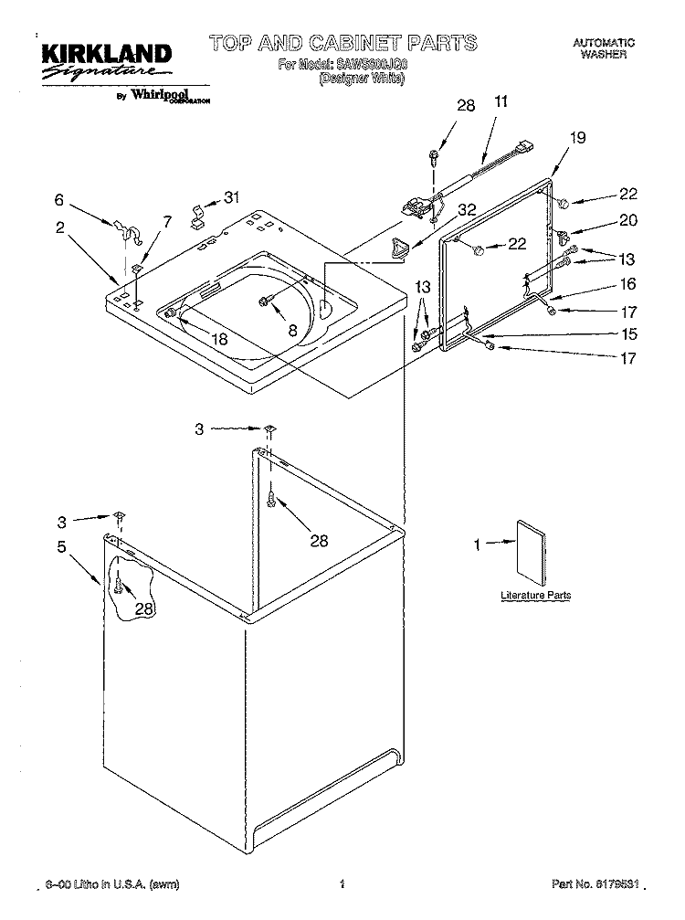 TOP AND CABINET, LITERATURE Diagram and Parts List for SAWS800JQ0  Whirlpool Washer