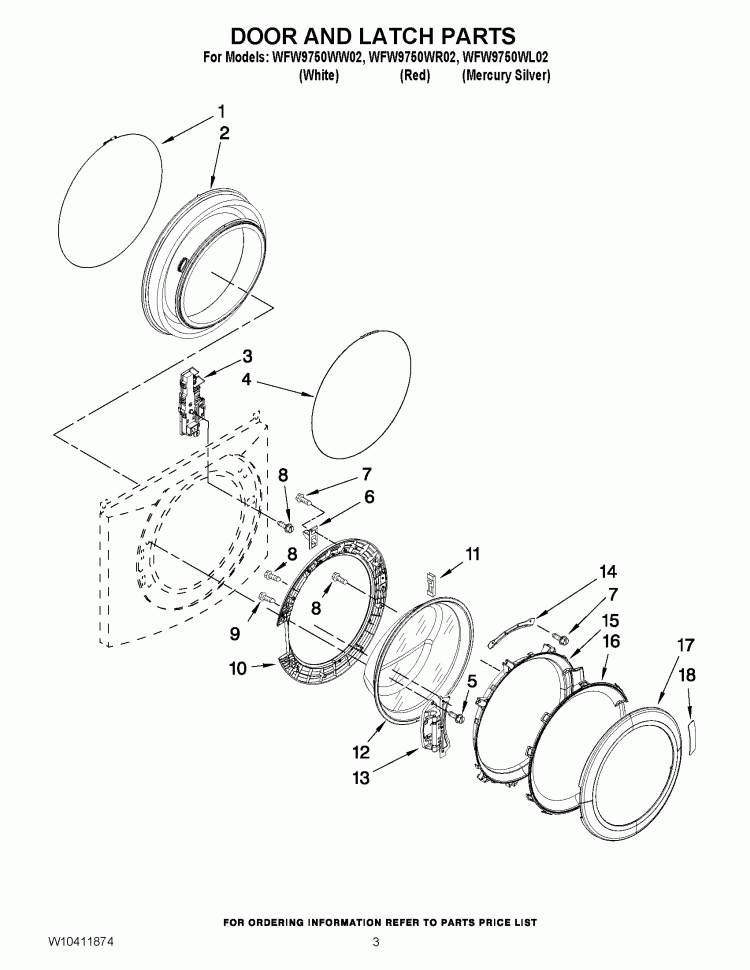 DOOR AND LATCH PARTS Diagram and Parts List for WFW9750WL02  Whirlpool Washer