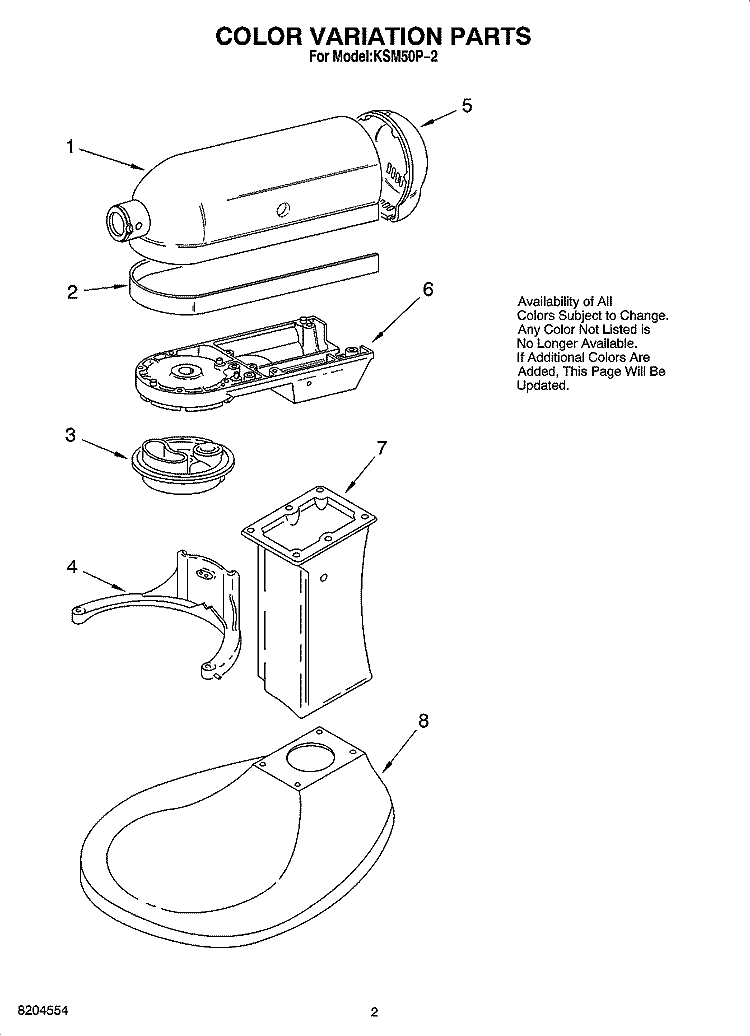 COLOR VARIATION PARTS Diagram and Parts List for KSM50P-2  KitchenAid Mixer