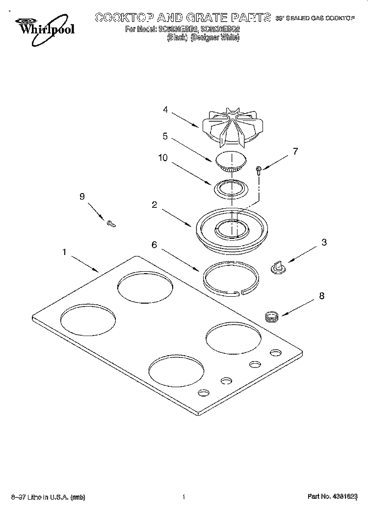 COOKTOP AND GRATE Diagram and Parts List for SC8836EBB2  Whirlpool Cooktop
