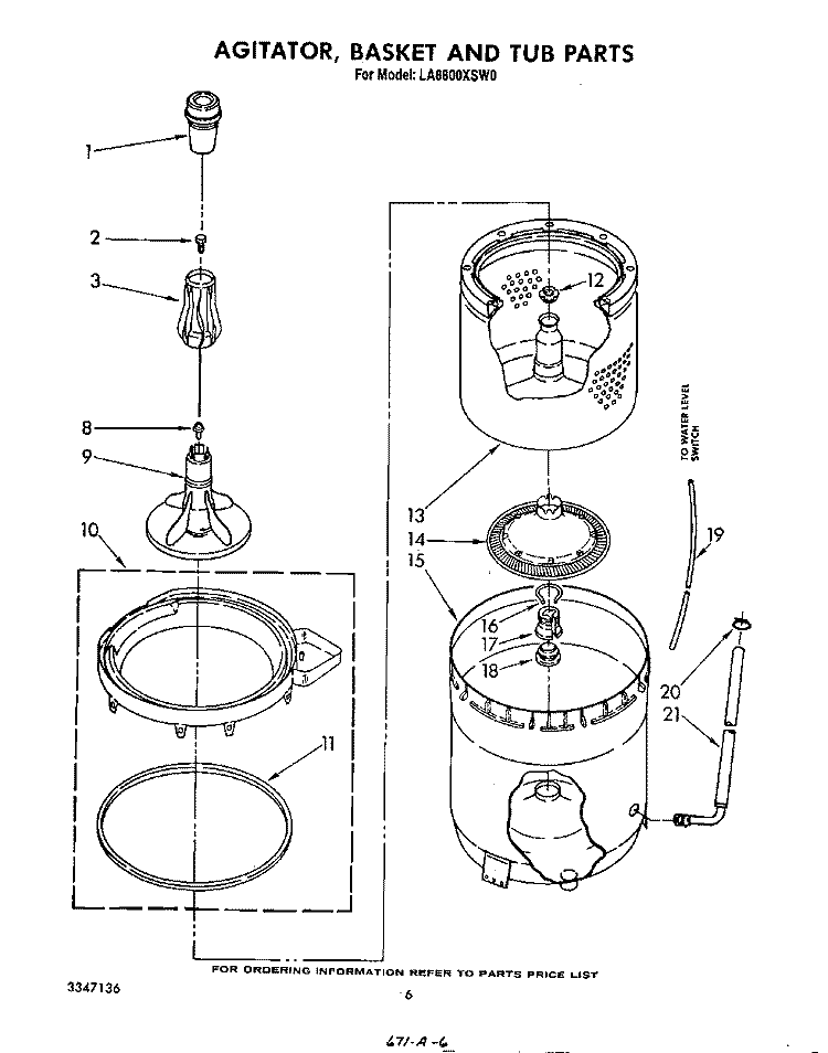 AGITATOR, BASKET AND TUB Diagram and Parts List for LA8800XSW0  Whirlpool Washer