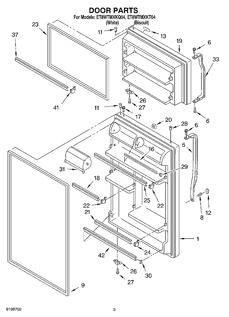 DOOR PARTS Diagram and Parts List for ET8WTMXKQ04  Whirlpool Refrigerator