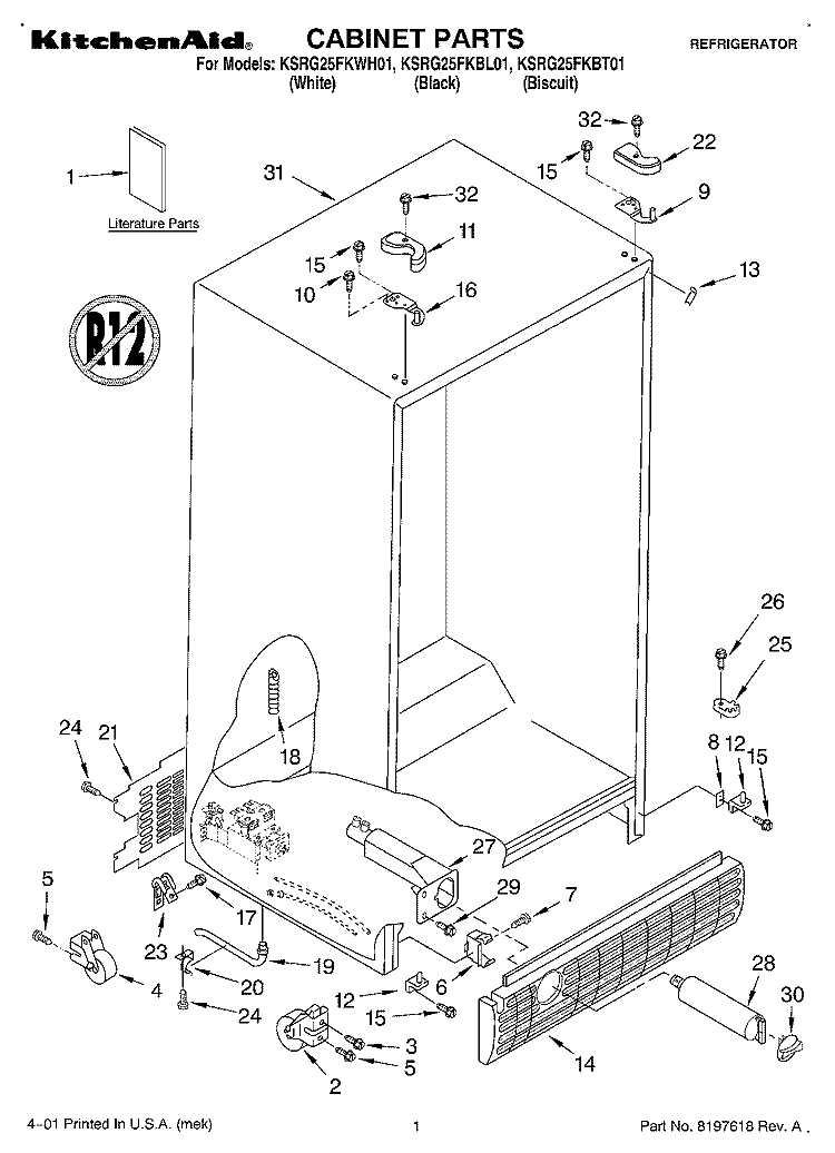 CABINET, LITERATURE Diagram and Parts List for KSRG25FKBL01  KitchenAid Refrigerator