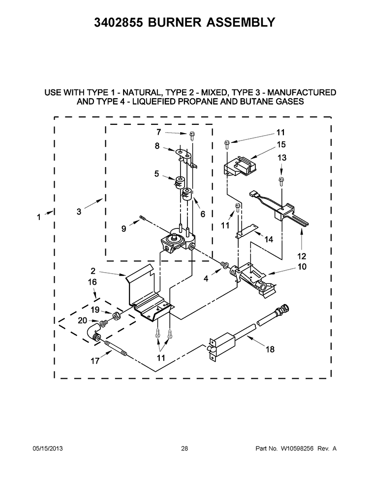 3402855 BURNER ASSEMBLY Diagram and Parts List for WGT3300XQ2  Whirlpool Washer Dryer Combo