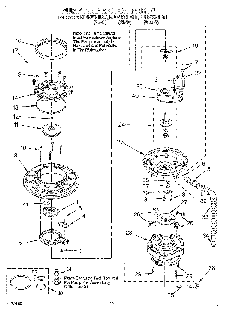 PUMP AND MOTOR Diagram and Parts List for KUDR25SHBT1  KitchenAid Dishwasher