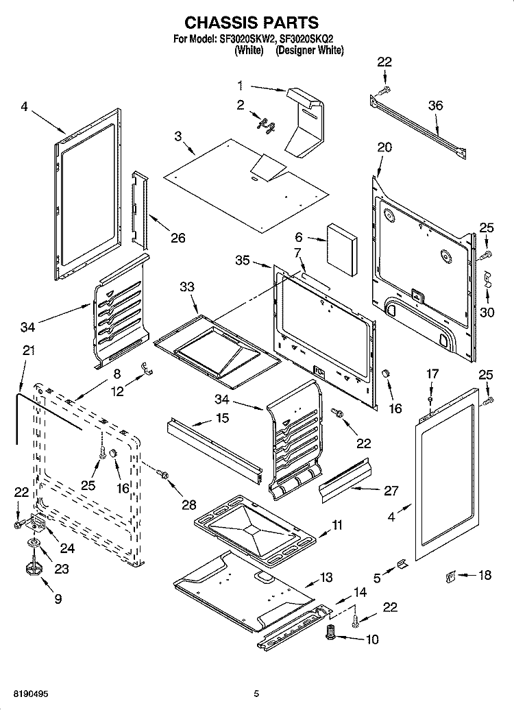 CHASSIS PARTS Diagram and Parts List for SF3020SKW2  Whirlpool Range